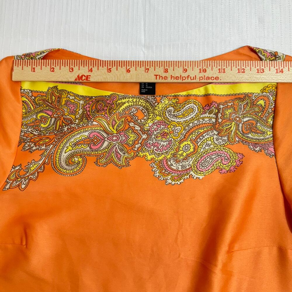 H&M Sheath Dress 10 Boho Paisley‎ Satin Orange Pink Retro Festival Vacation - Picture 9 of 9